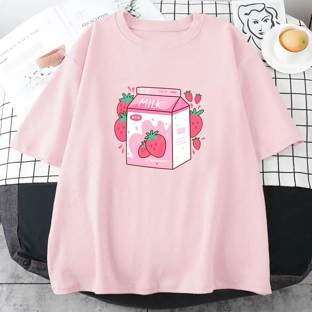 

Strawberry Milk Cartoon Printing Tee-shirt Casual Short Sleeve O-neck T-shirts Soft High Quality Tshirts Women Girls Lady Tops