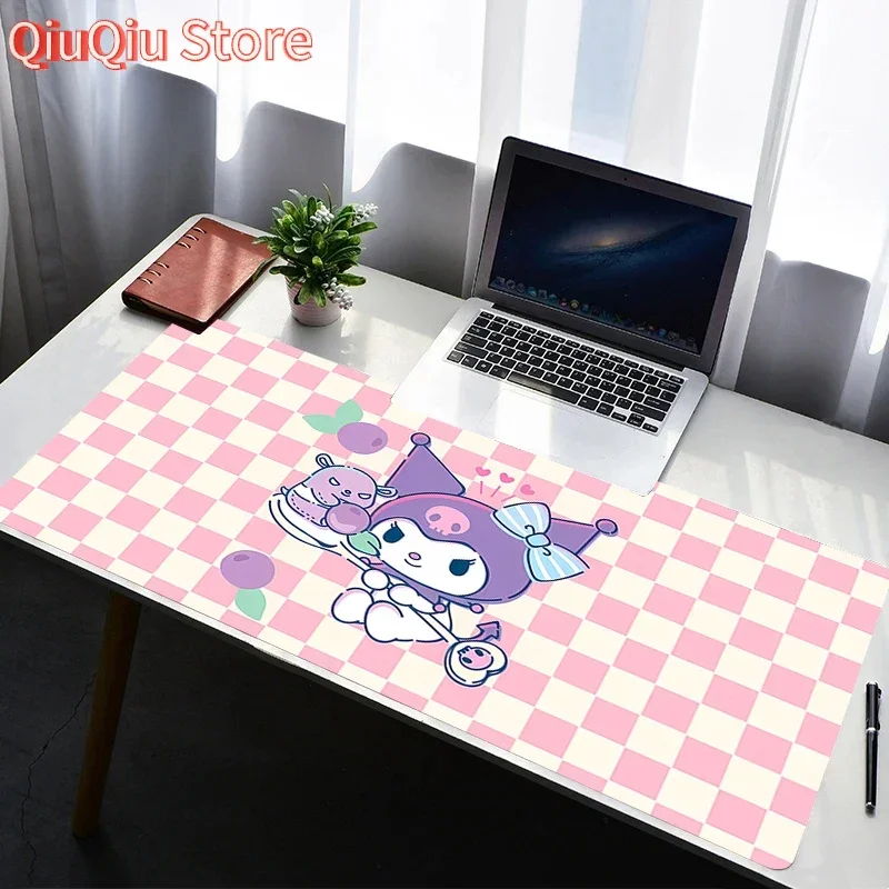 

Pink Purple Checkerboard Kuromi Anime Printing Computer Gaming Desk Pu Leather Mouse Mat Student Kawaii Large Size Writing Mat