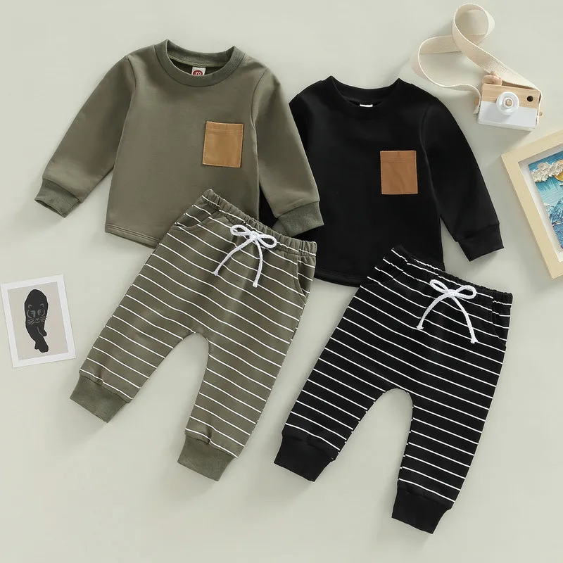 

0 to 3 Years Baby Boy Pant Sets Spring Autumn Clothes Long Sleeve Round Neck Tops with Pocket + Stripe Trousers