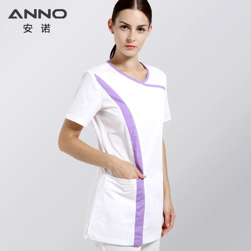 Anno branco manga curta uniformes de enfermeira algodão esfrega para mulheres fino ajuste o pescoço verão salão de beleza uniformes roupas