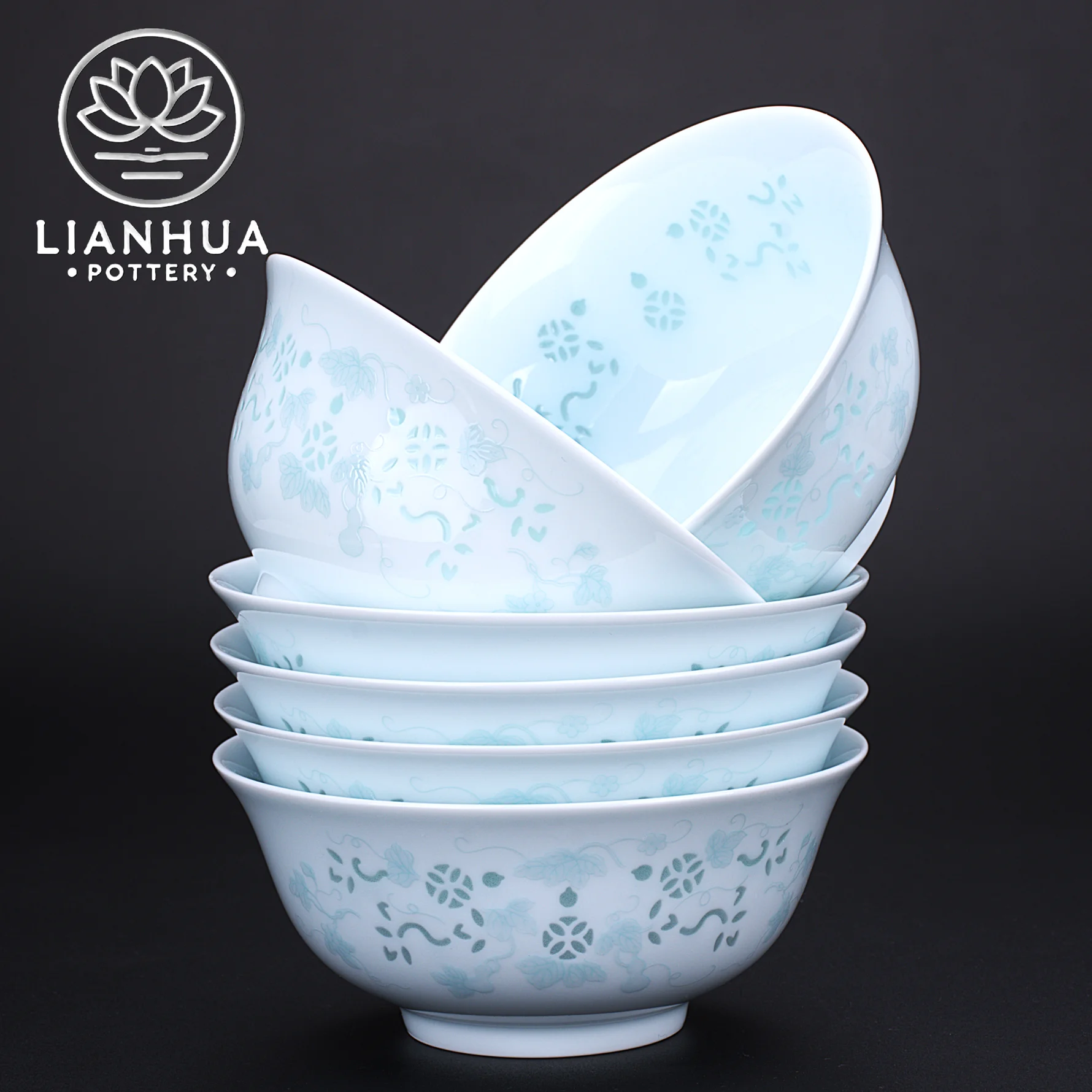 

LIANHUA POTTERY Linglong Porcelain Bowl Set of 6 Celadon Glaze Gourd Relief Design Home Kitchen Dinnerware Set Housewarming Gift