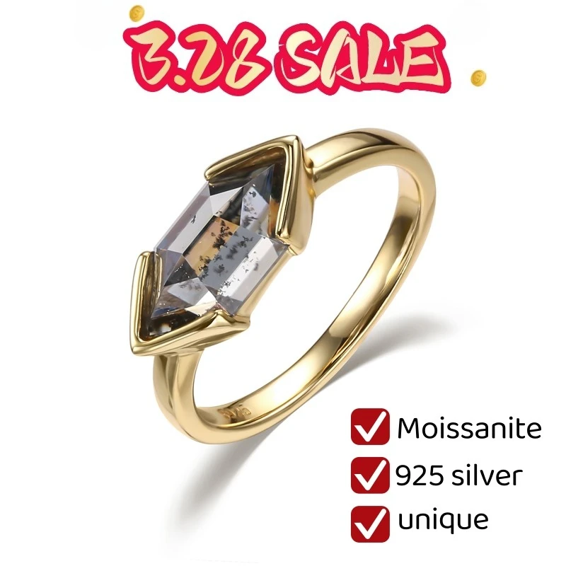 

HMJ Holycome Moissanite 925 Sterling Silver Ring - Unique Salt and Pepper Kite Hexagon Cut for Women Wedding Engagement Gift
