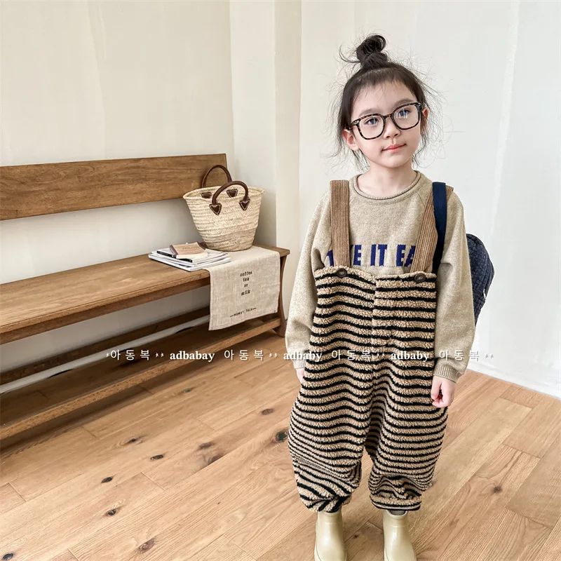 

2024 Winter New Children Plush Overalls Fashion Girls Lamb Fleece Trousers Kids Boys Striped Overalls Toddler Strap Pants