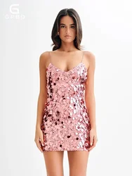 2024 New Summer Women's Pink Sexy V-neck Sleeveless Glitter Tight Dress Elegant Party Mini Dress Bodycon Dress