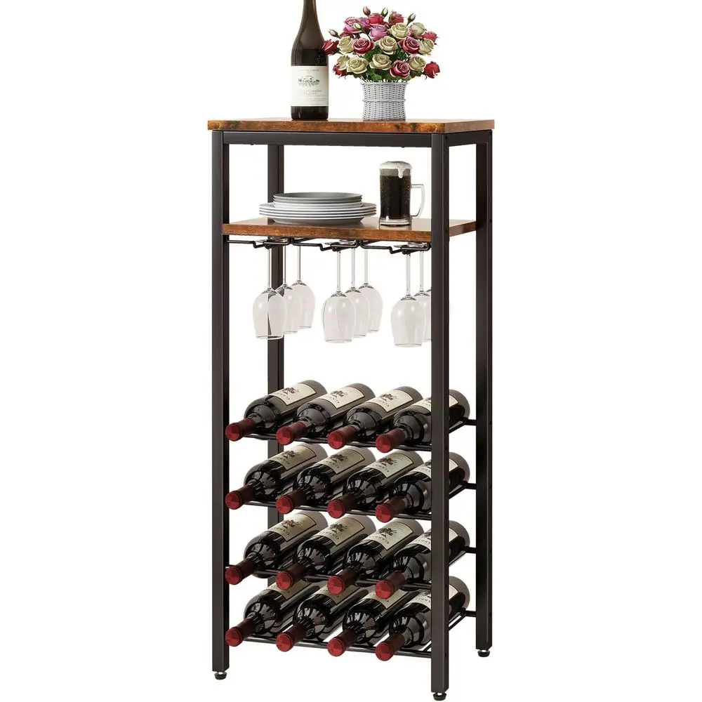 

Wine Racks Floor Standing, Liquor Bottle Holder, 16 Bottles Wine Cabinet with Glass Holder, Wine Holder Display, Mini Wine Bar T