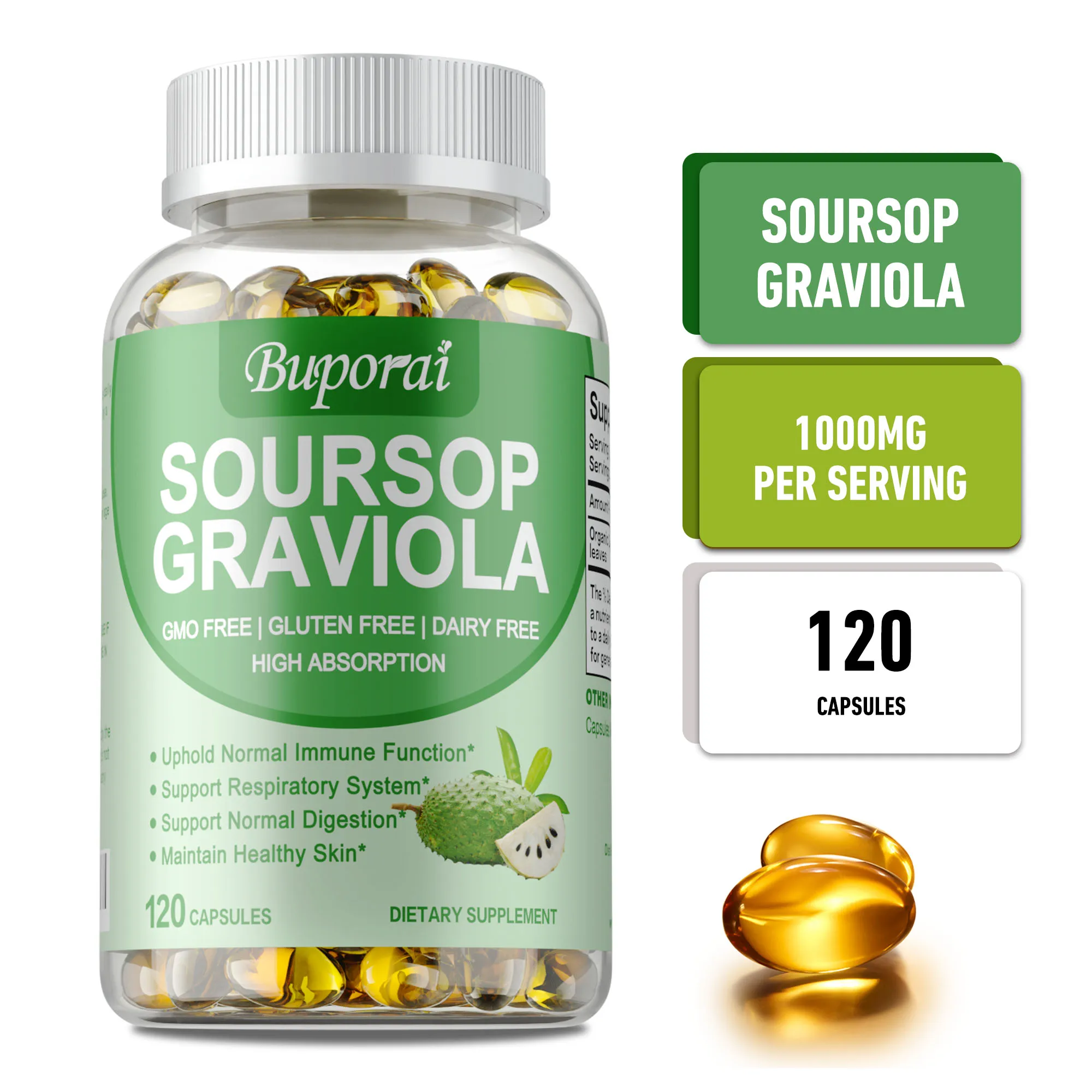 

Soursop Graviola Capsules - Reduce Stress and Anxiety, Improves Mood, Promotes Digestion and Cellular Health, Boost Immunity