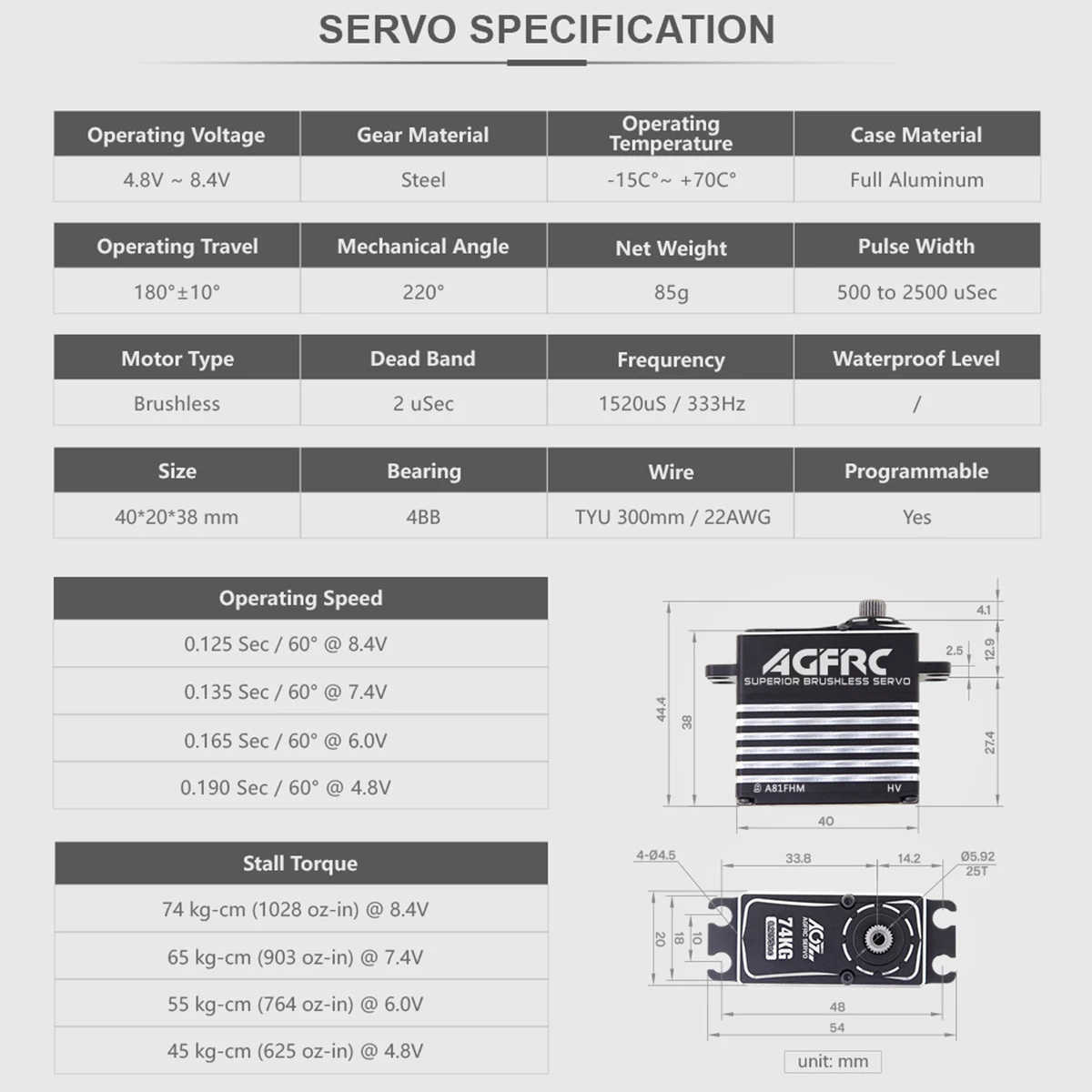 AGFRC A81FHM 74KG Super Torque HV 4-Poles Brushless Motor Programmable Digital Servo For 1/8 RC Car Truck Airplane Buggy Boat