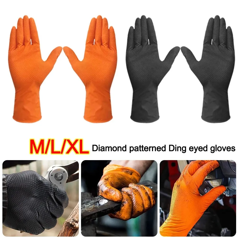 10pcs Heavy Duty Nitrile Gloves with Diamond Textured Orange Black Safety Gloves Antiskid Wear-Resistant Disposable Gloves