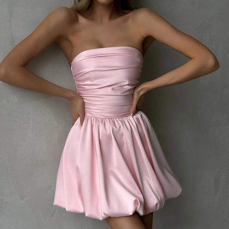 Satin Pleated Sexy Puff Dress Lady Mini Party Bodycon Evening Dresses Women Summer Elegant Luxury Birthday Club Pink Dresses