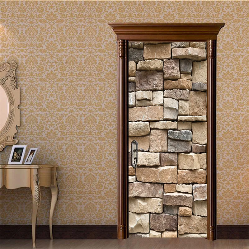 European Retro Stone Wall Door Stickers Bedroom Door Decoration Dustproof and Dirt-resistant Self-adhesive Removable PVC Mural