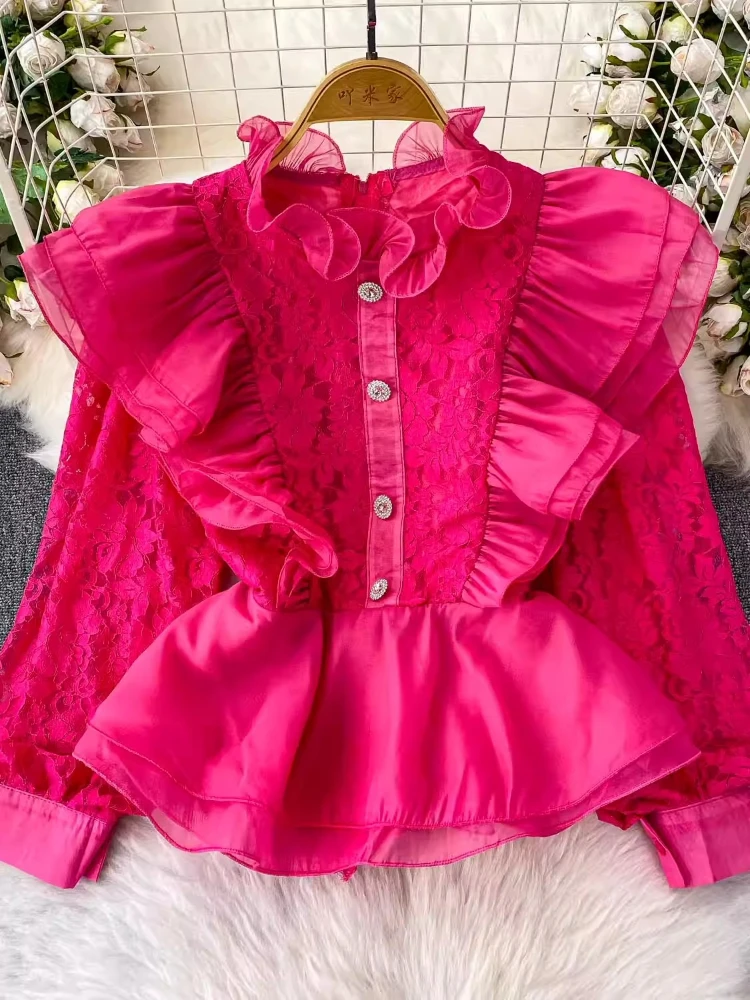 

Новые женские рубашки с 3d оборками Blusas Mujer и жемчужными пуговицами, 2021, блузки, однобортные майки, весенняя женская одежда, кружевная блузка