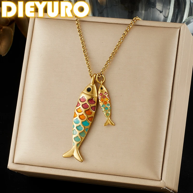 DIEYURO 316L Edelstahl Bunter Emaille-Ozeanfisch-Charm-Anhänger Halskette Eleganter Trend Nicht Verblassende Halskette Schmuck