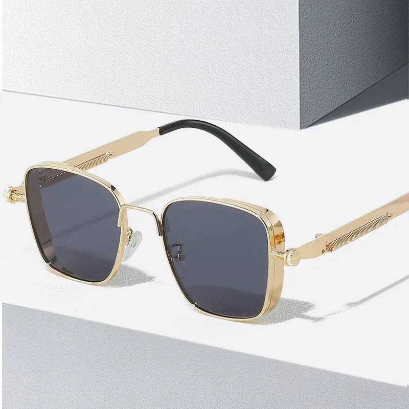 Men Driving Sunglasses Vintage Steampunk Square Sunglasses Metal Frame with Spring Hinges Women Eyepiece Trendy Driver Glasses - view 5