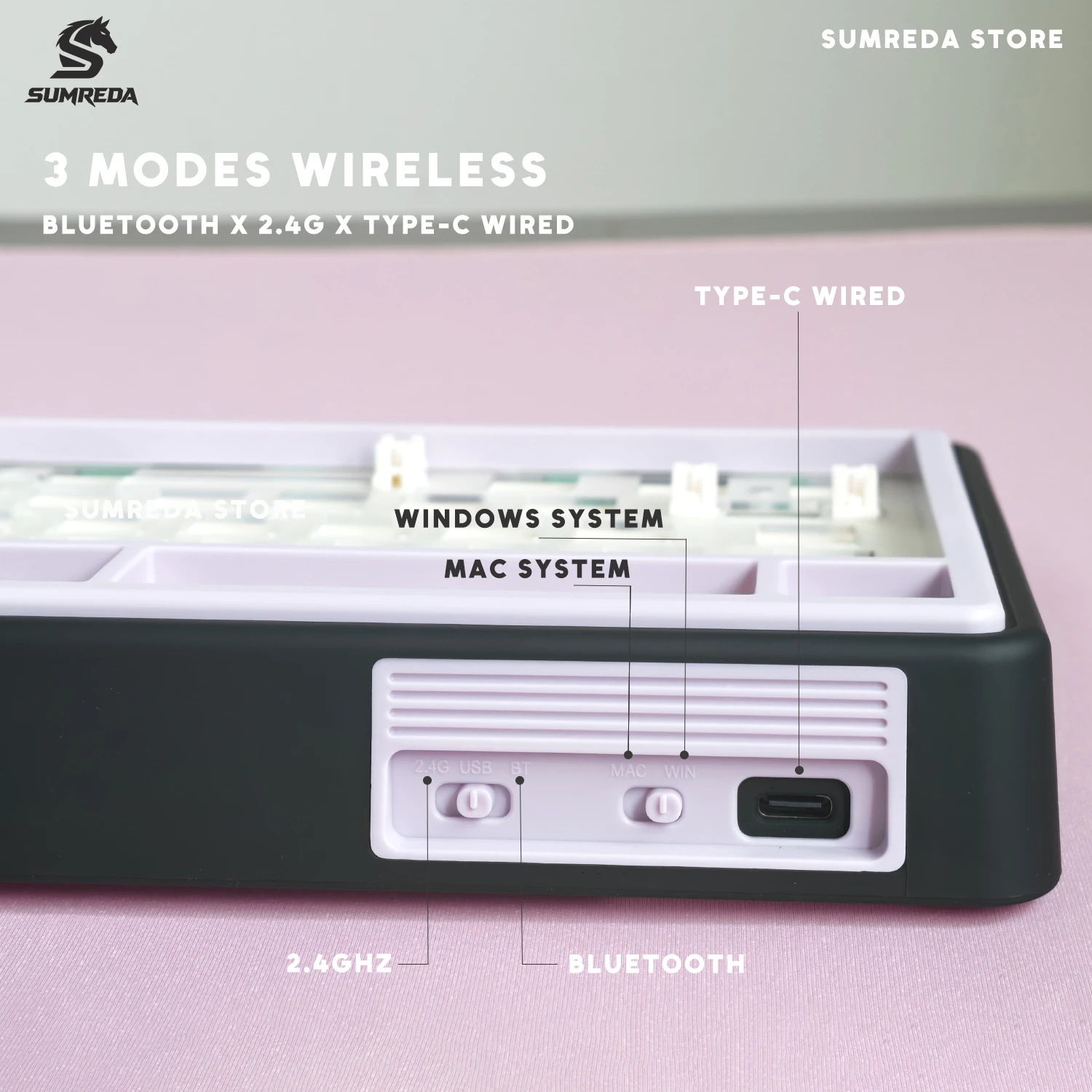 SUMREDA UR82 Pink Cute Fresh Gaming Custom Wireless Mechanical Keyboard Kit 75% BT 2.4G Wired Gasket RGB Hotswap Gamer Keyboard
