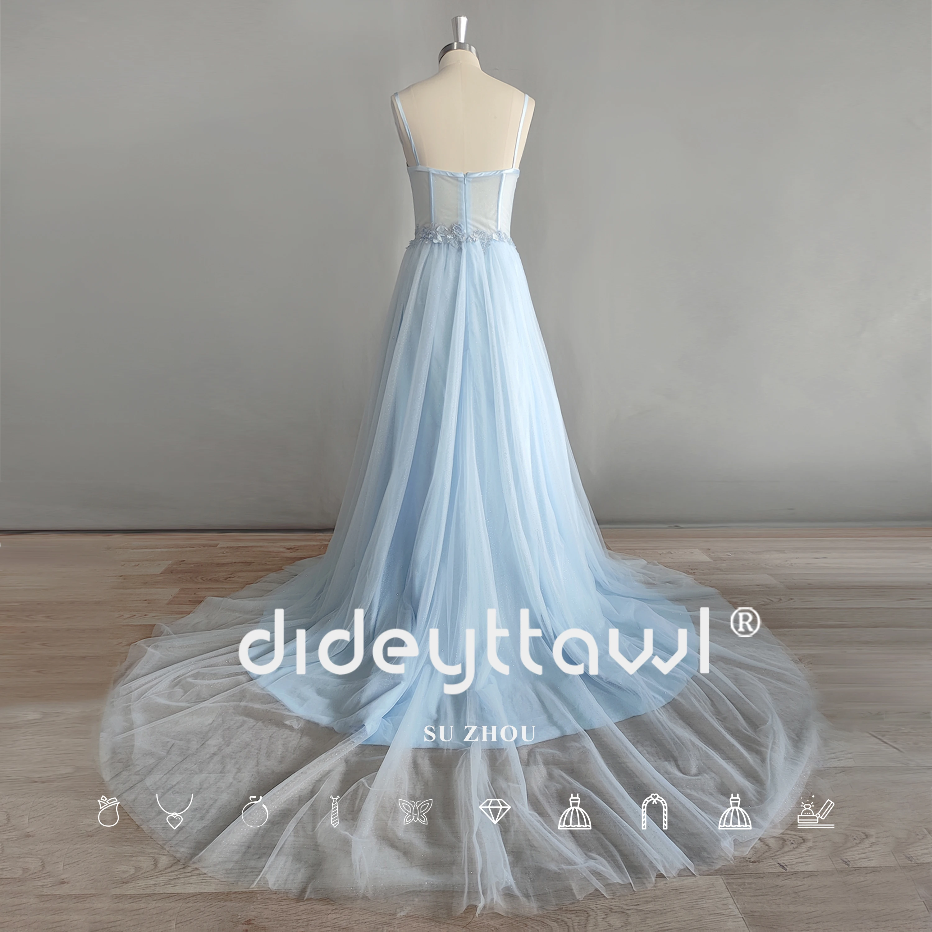 DIDEYTTAWL Real Photos Baby Blue Spaghetti Strap Tulle Prom Dress Sweetheart Backless Illusion A-Line Appliques Evening Gown