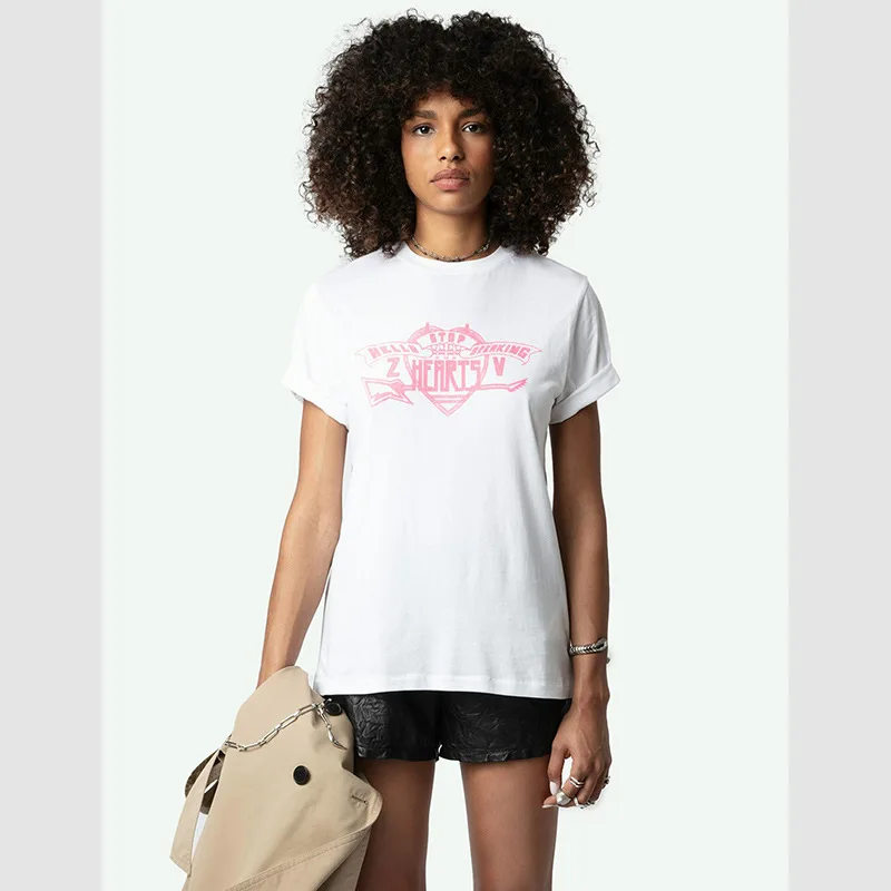 

25. летняя новая французская ниша с буквенным принтом, белая хлопковая женская футболка с круглым вырезом и короткими рукавами