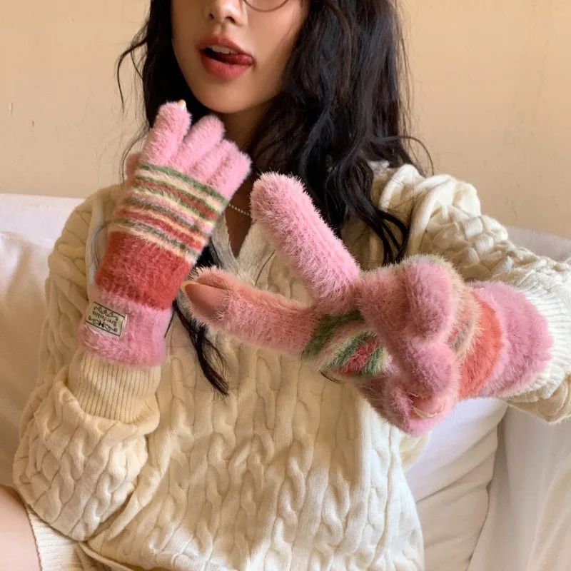 Korean Design Stripe Velvet Gloves For Women Fashion Girl Soft Warm Mittens Knitted Trendy Hand Warmer Skiing Riding Windproof