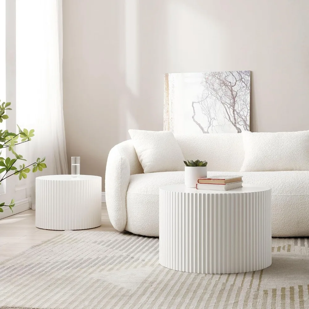 طقم طاولة قهوة دائرية حديثة، طاولات جانبية متداخلة مكونة من قطعتين لغرفة المعيشة، لمسة نهائية من MDF #5