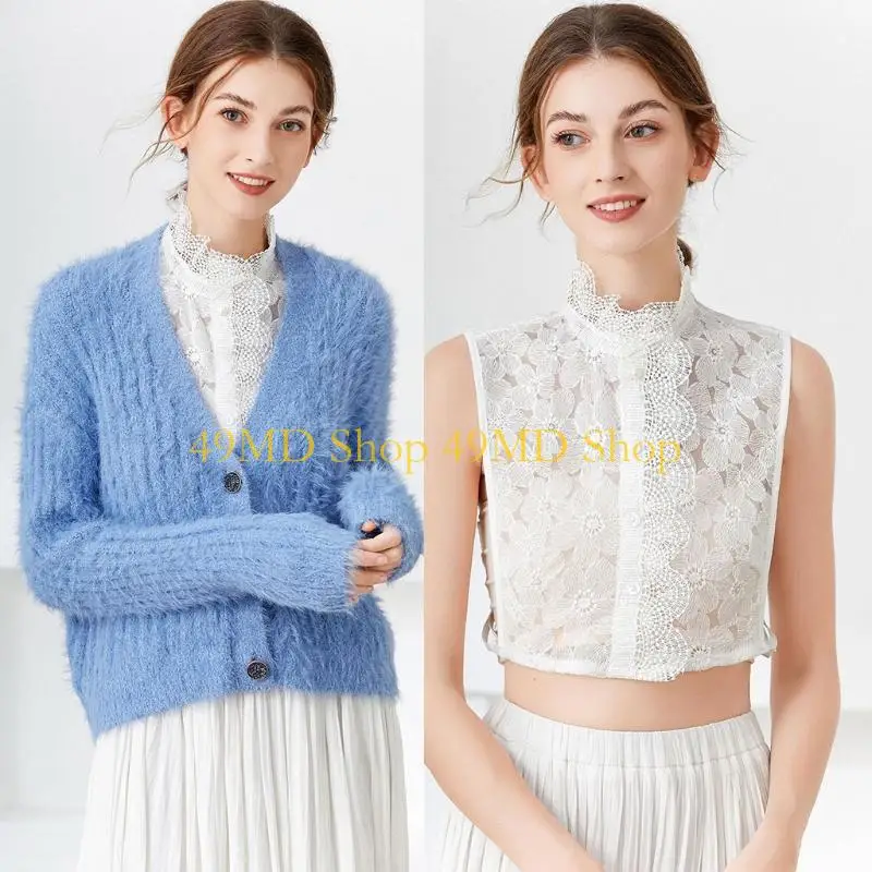 

49MD женская блузка с вырезом и вышивкой, кружевной искусственный воротник, элегантная блузка с оборками и стойкой, белый топ с