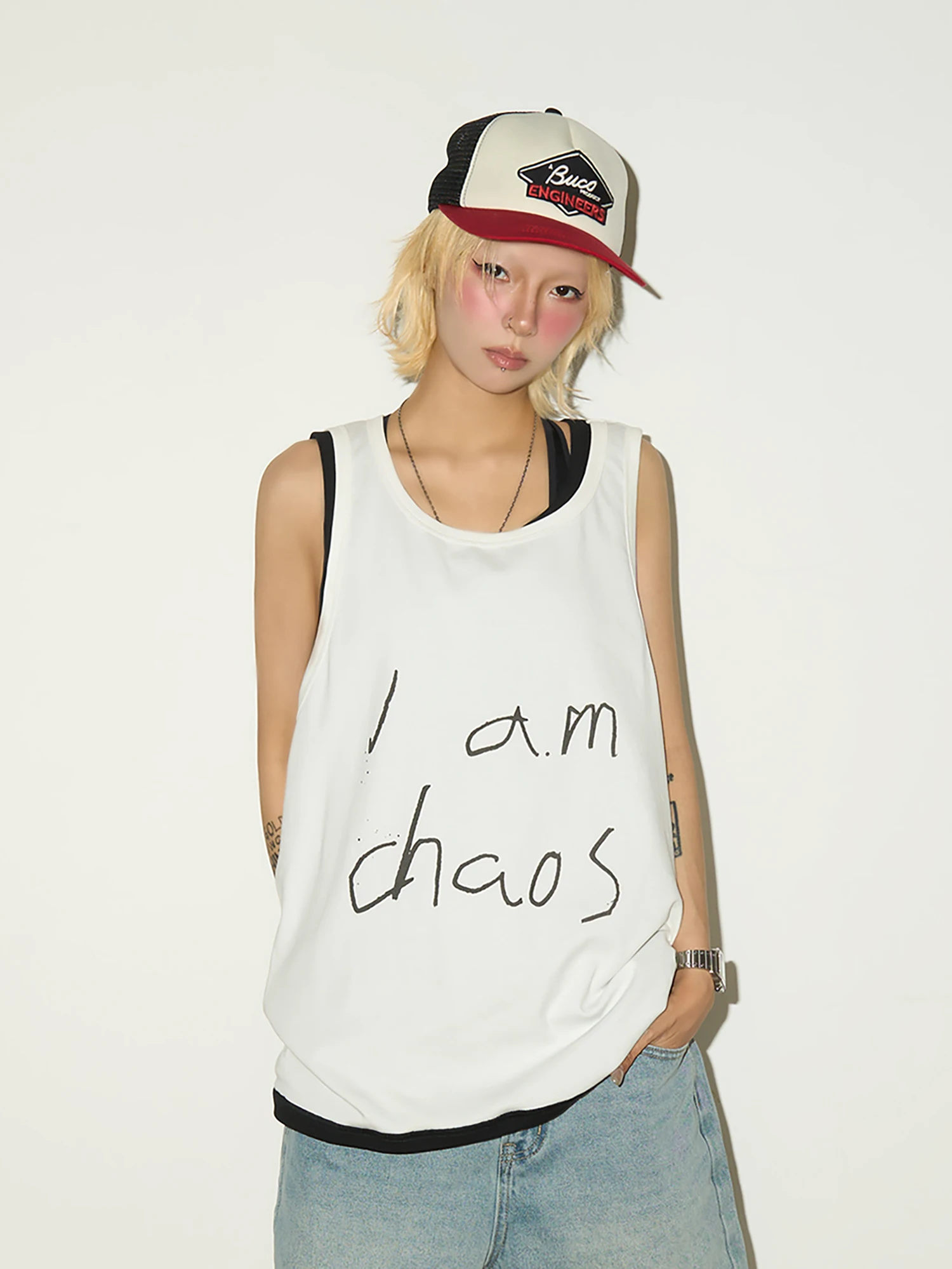 

MICHINNYON Double-Sided Wearable American Retro Vintage Lettering Sleeveless Vest Summer Short Sleeve T-Shirt Women's Fashion