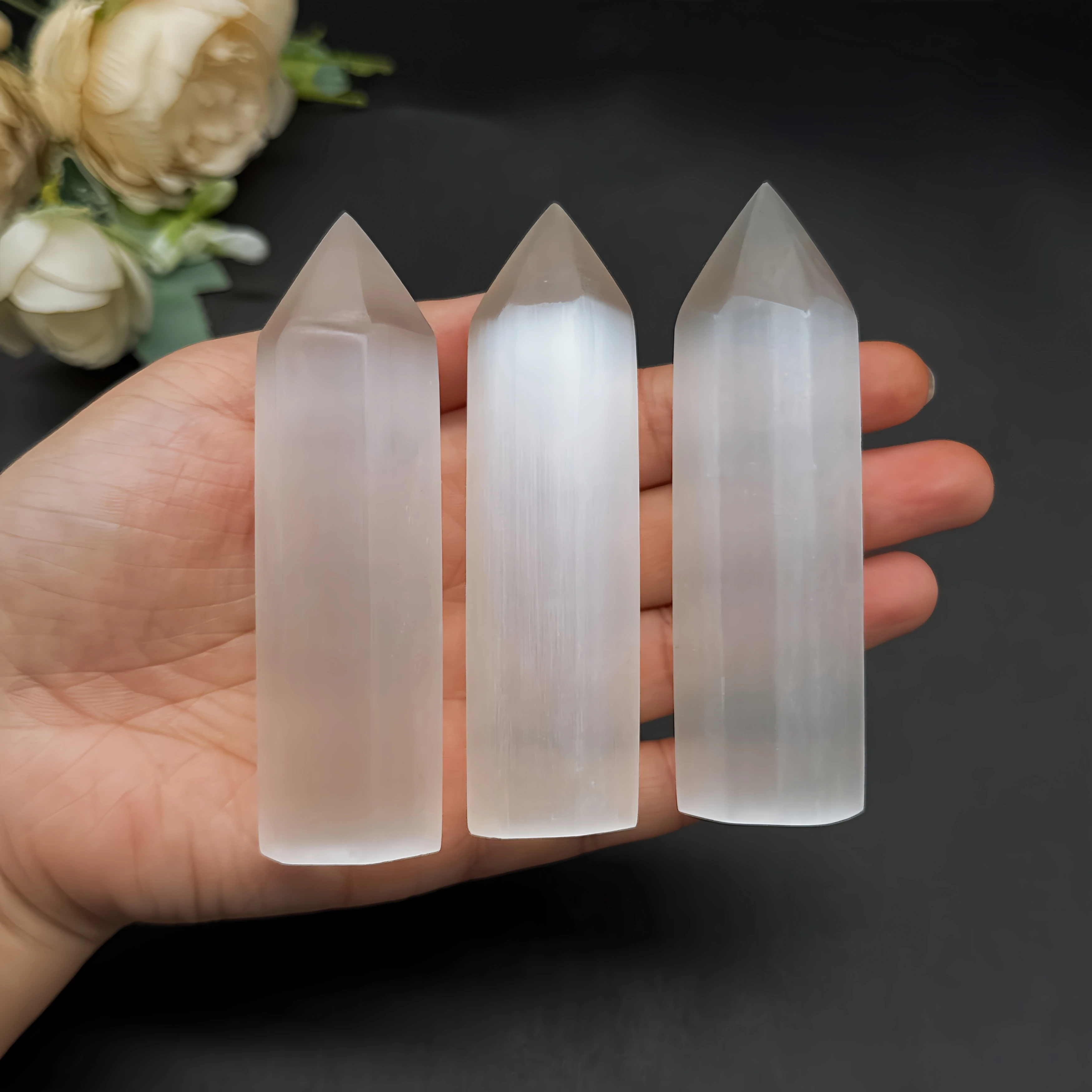 80-90mm Natural Selenite Tower Crystal Stone Quartz Point Reiki Healing Hexagonal Prisms Obelisk Wand Chakra Home Decoration