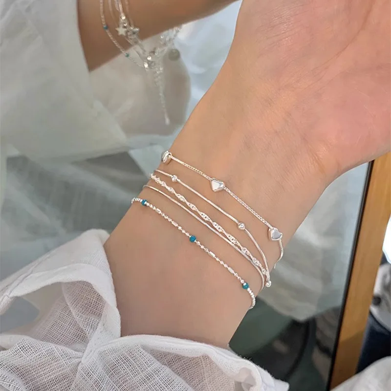 PANJBJ 925 Sterling Silver Line Extremely Fine Bracelet for Women Love Haert Bead Korean Ins Sweet Jewelry Gift Dropshipping
