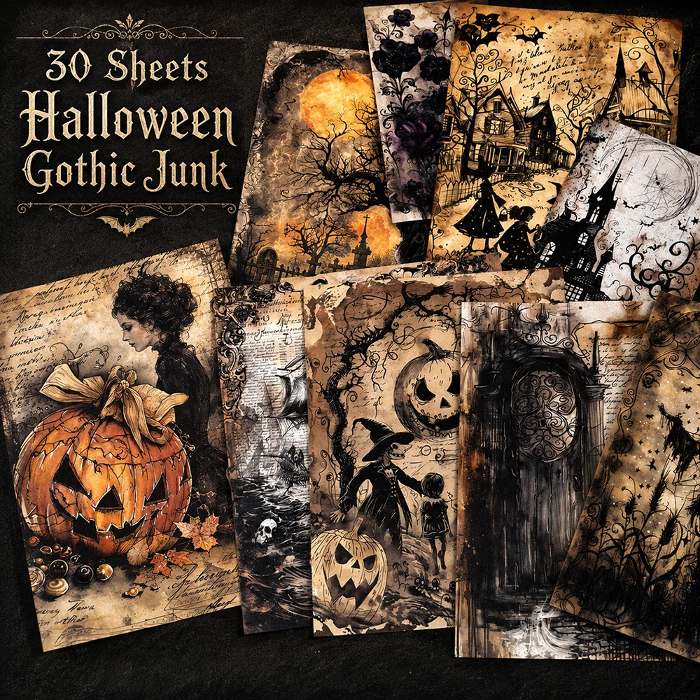30 Sheets Halloween Gothic Junk Journal Paper Pack Vintage Ephemera Craft Paper Haunted House Witch Pumpkin Ghost Scrapbook