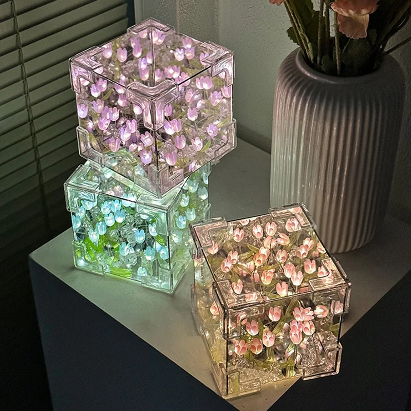 DIY ทิวลิปกระจก Cube โคมไฟจําลองดอกไม้ห้องนอน Sleeping ตาราง Handmade TULIP ขนาดเล็ก Night Light Gift-AT64