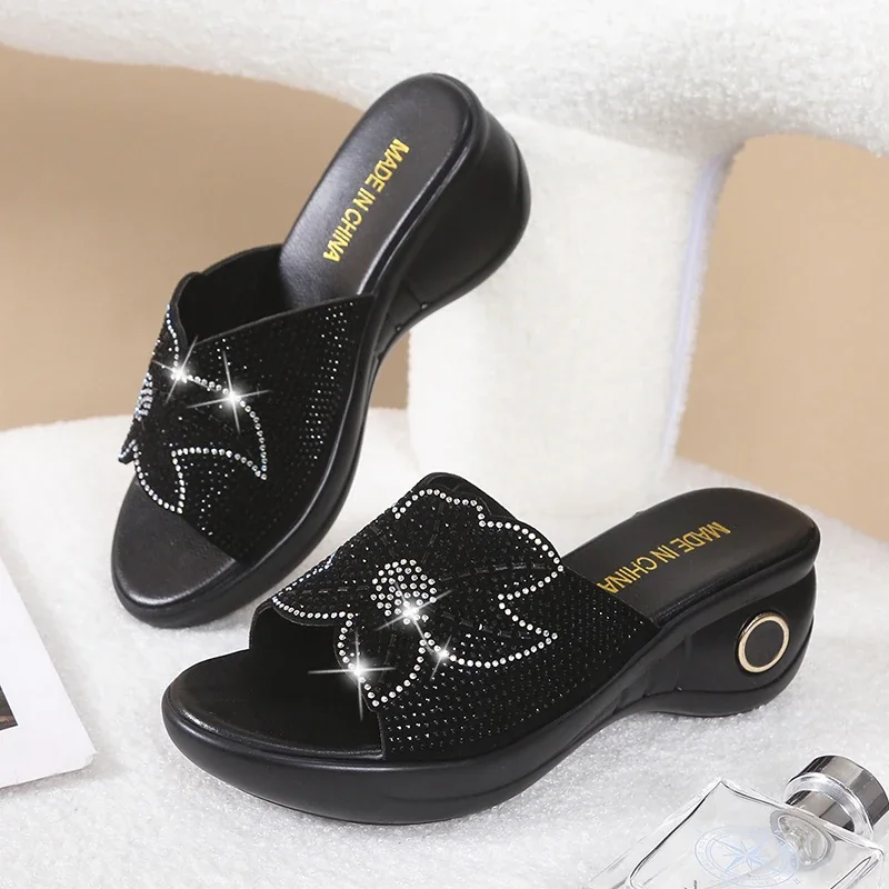 Women's Open Toe Slippers Rhinestone Crystals Decor Air Mesh 2024 Summer New Fashion Popular Sweet Chic Comfy Wedge Heel Slipper