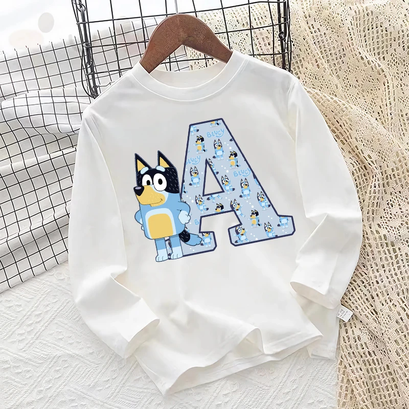 Blueyi Bingo, camiseta de manga larga para niños, jersey con estampado de letras de A-Z de dibujos animados, Tops informales para niños, ropa Kawaii de otoño para niños, regalos