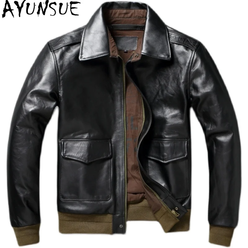 AYUNSUE Horsehide Genuine Leather Jackets Winter Men Cloting Bomber Jacket Retro Motorcycle Coats Chaqueta De Cuero Para Hombre