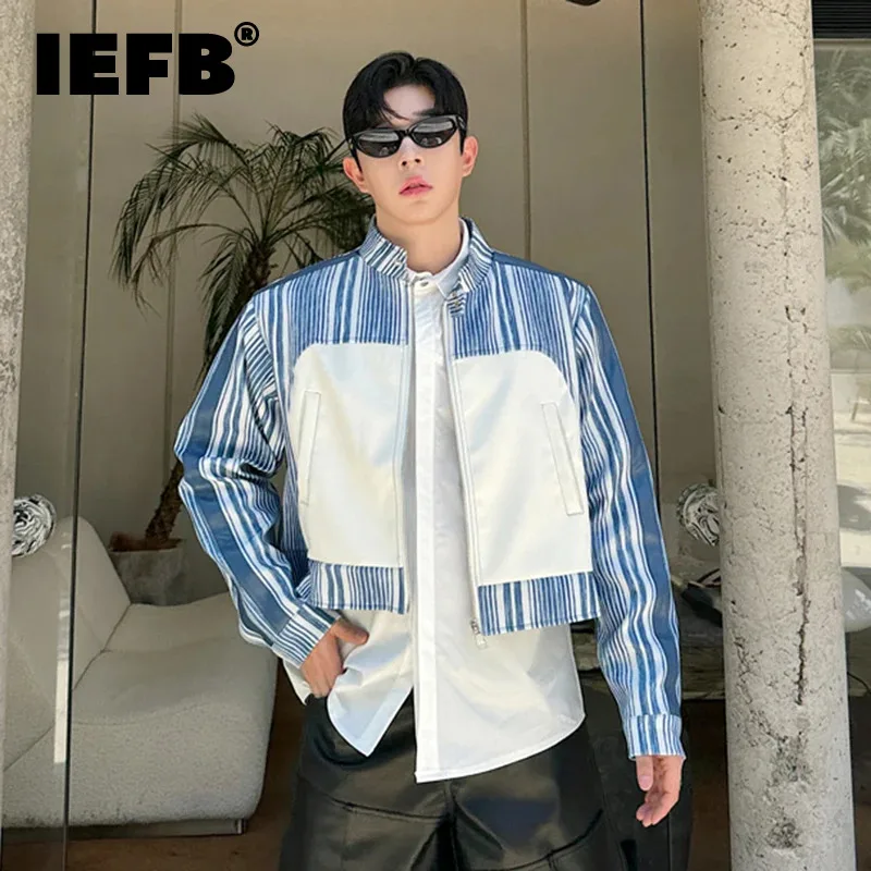 

IEFB Korean Style Trendy PU Leather Spliced Short Jacket Men's Wear 2024 Autumn New Fashion Male Contrast Color Jackets 9C6974