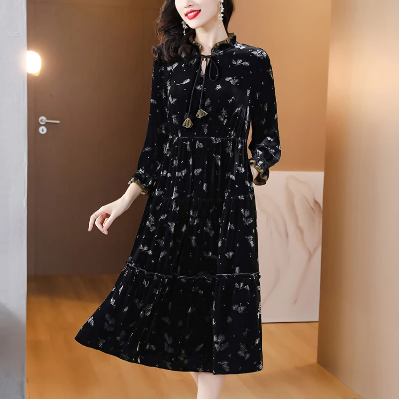 2023 New Silk Velvet V-Neck Dress for Women\'s Loose Large Flower Print Waist Waist Slim Long Sleeve Knee Long Dress Gown