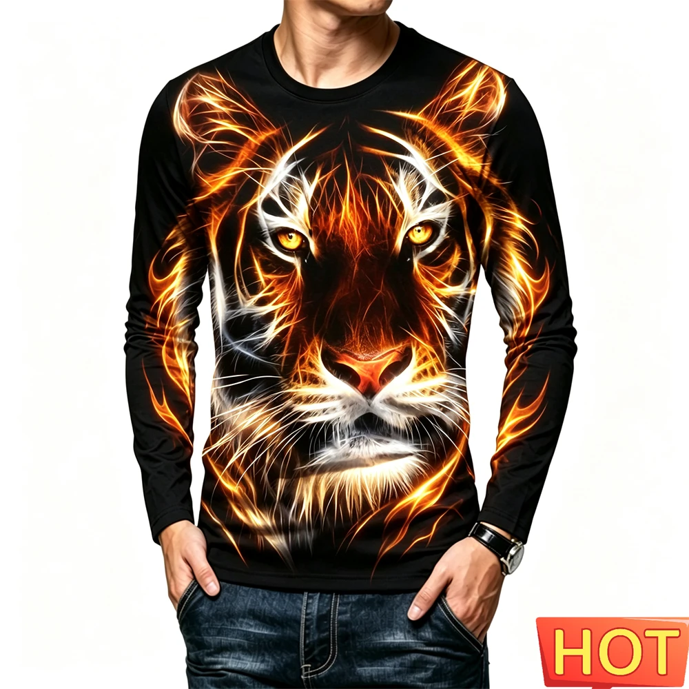 Funny 3D Tiger Print Men's T-shirt Casual Loose Long-sleeved Tops Street Hip Hop y2k Clothes Fashion Animal Pattern Pullover Tee