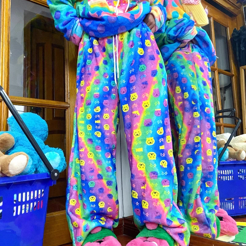 التصميم الأصلي Y2K الحيوان طباعة المرأة سراويل تقليدية النمط الياباني الخريف الشتاء جديد فضفاض الصوف مبطن سراويل طويلة السيدات #2