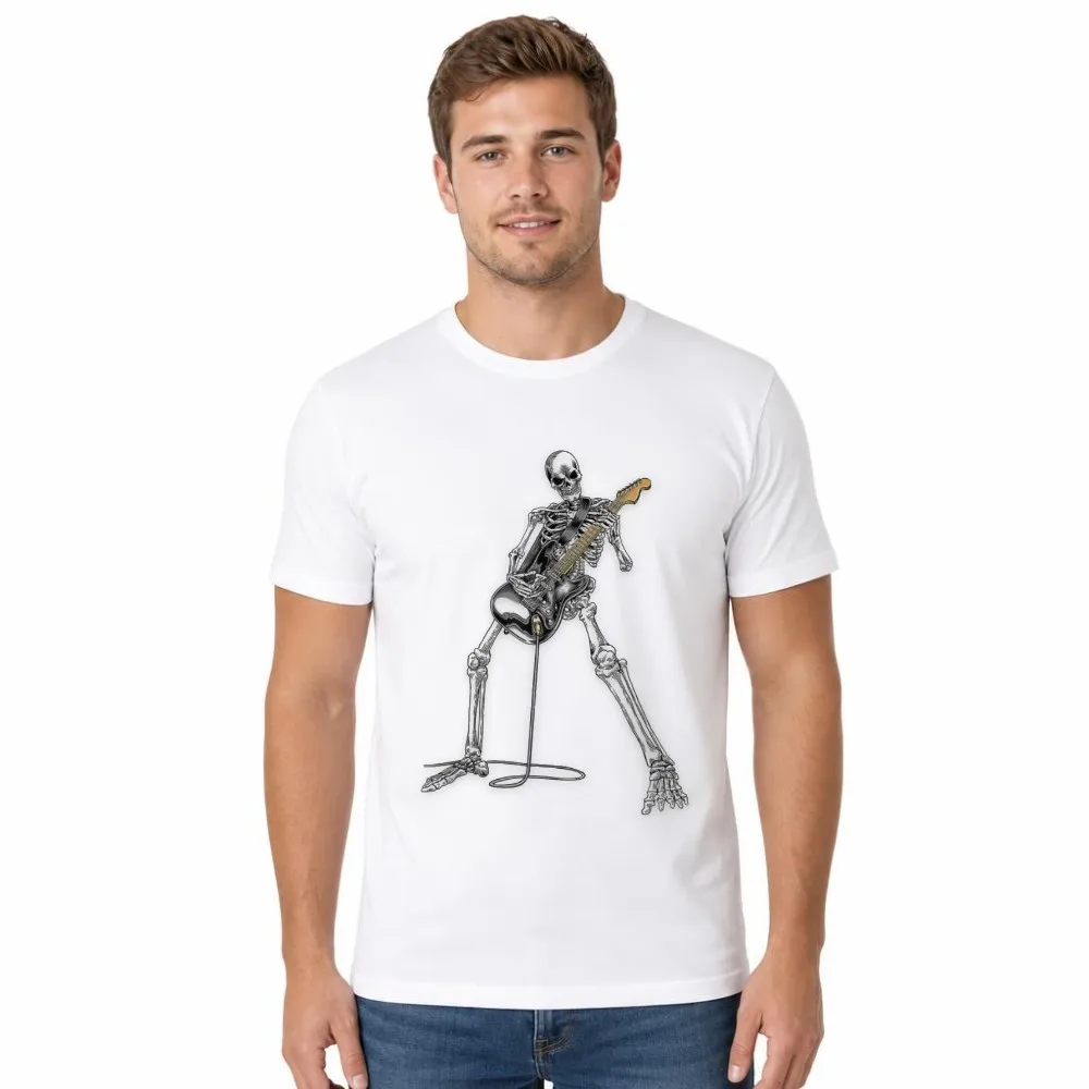 Men Summer Tee Skeleton Guitarist Graphic Rock Music Skull Player Short Sleeve Casual Holiday Wear Tops