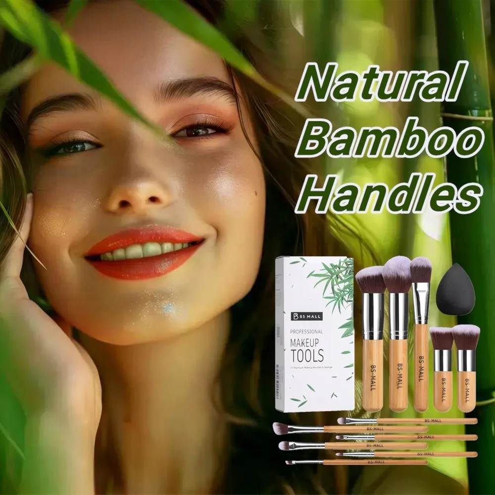 BS-MALL conjunto de pincéis de maquiagem 11 pçs bambu sintético kabuki conjunto de pincéis fundação pó mistura corretivo sombras de olho blush cosméticos