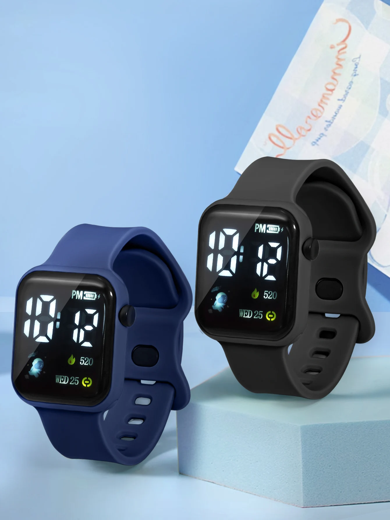 Simple square children's electronic watch astronaut heart sport electronic watch; student leisure electronic watch; 2 pieces set