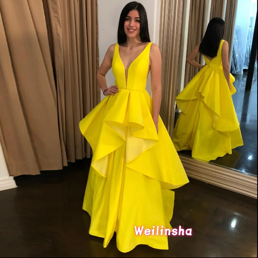 

Customized Elegant Evening Dresses Satin Yellow Sleeveless V Neckline Long Floor Length Formal Party Prom Gowns