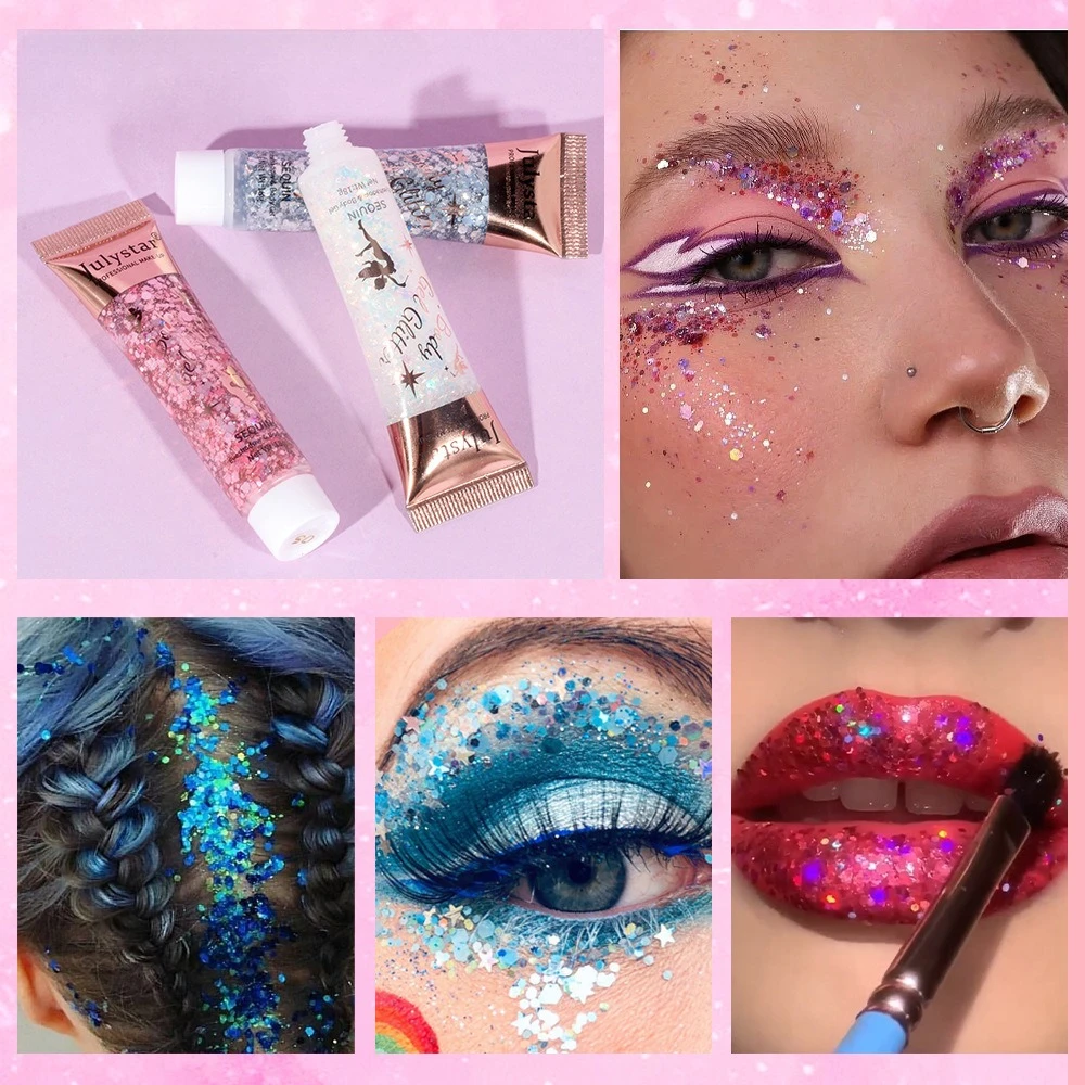 Glitzer-Gel im Meerjungfrau-Skala, schillernd, mehrfarbig, für Gesicht, Lippen, Körper, Bühne, Make-up, wasserbasierter, schnell trocknender Pailletten-Lidschatten