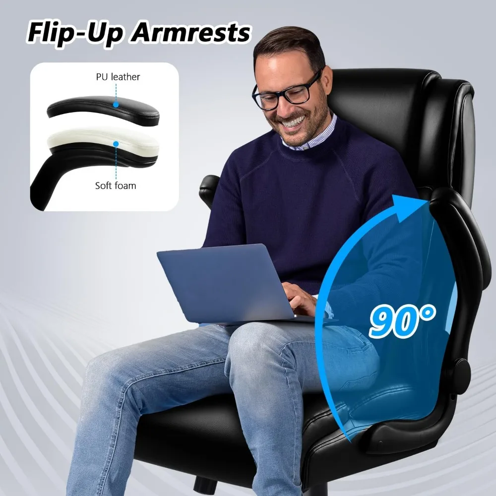 كرسي مكتب كبير وطويل، كرسي مكتب كمبيوتر جلدي مريح، كرسي مكتب أسود عالي التحمل مع مسند ذراع قابل للطي، Com #4