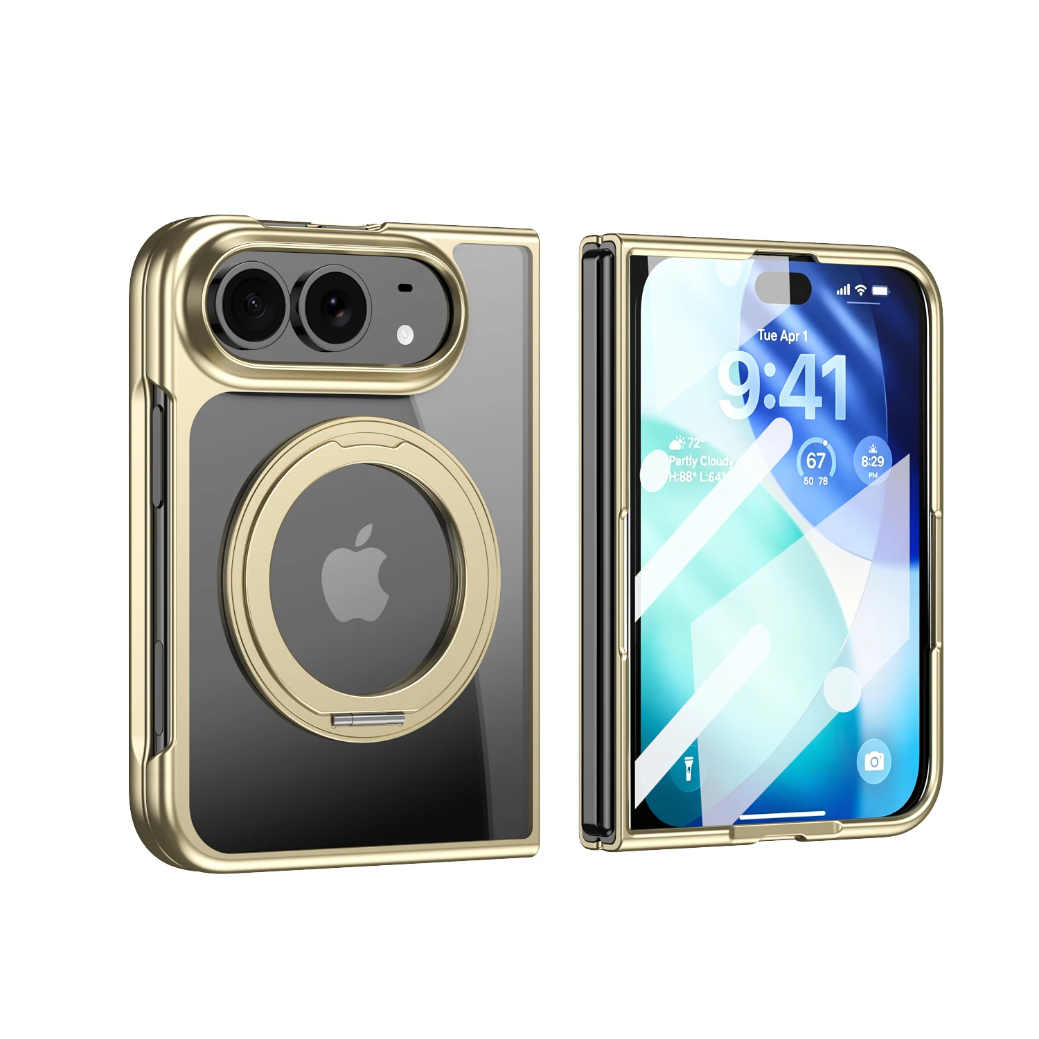 Magnetic 360 Rotating Ring Holder Transparent Phone Case For iPhone Ultra Fold Bracket Glossy Frame Glass Film Cover For Magsafe