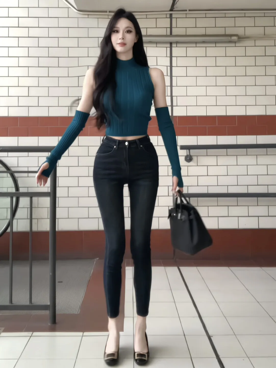 

Classic Waed Deep Blue Slim Fit Jeans Women's High Waist Denim Pants with Hip Enhancing Pads Built-In Retro Sle Winter