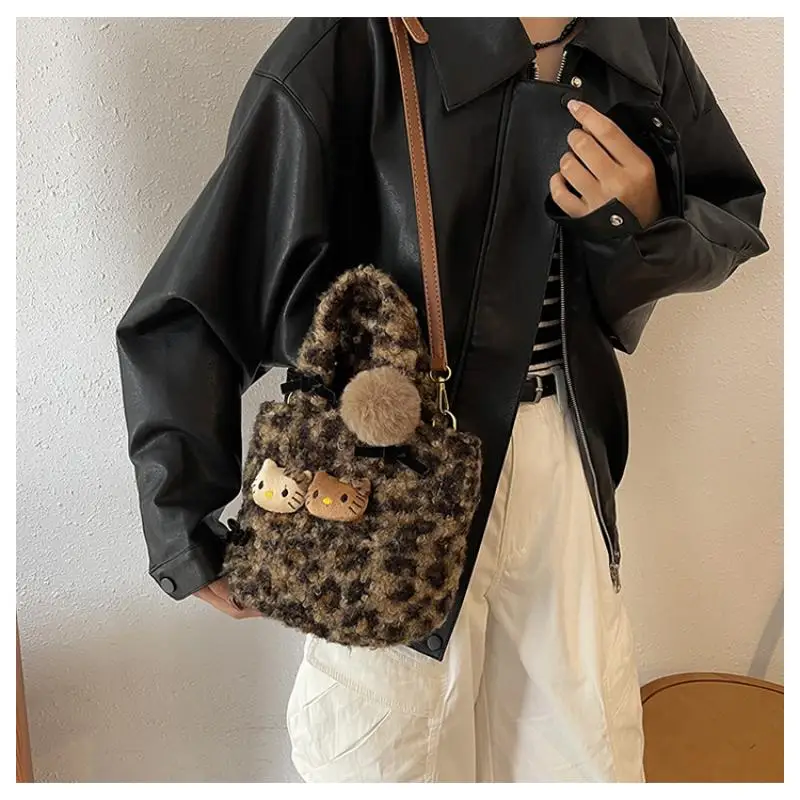 Kawaii Hello Kitty Furry Leopard Crossbody Bag Cartoon Plush Doll Large Capacity Handbag Cute Furry Bucket Bag Christmas Gift