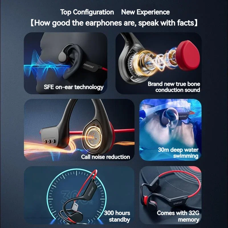 POLVCDG Headset Bluetooth nirkabel, Headset konduksi tulang X7 IPX8 memori 32GB 5.3 dengan mikrofon tahan air berenang 2020