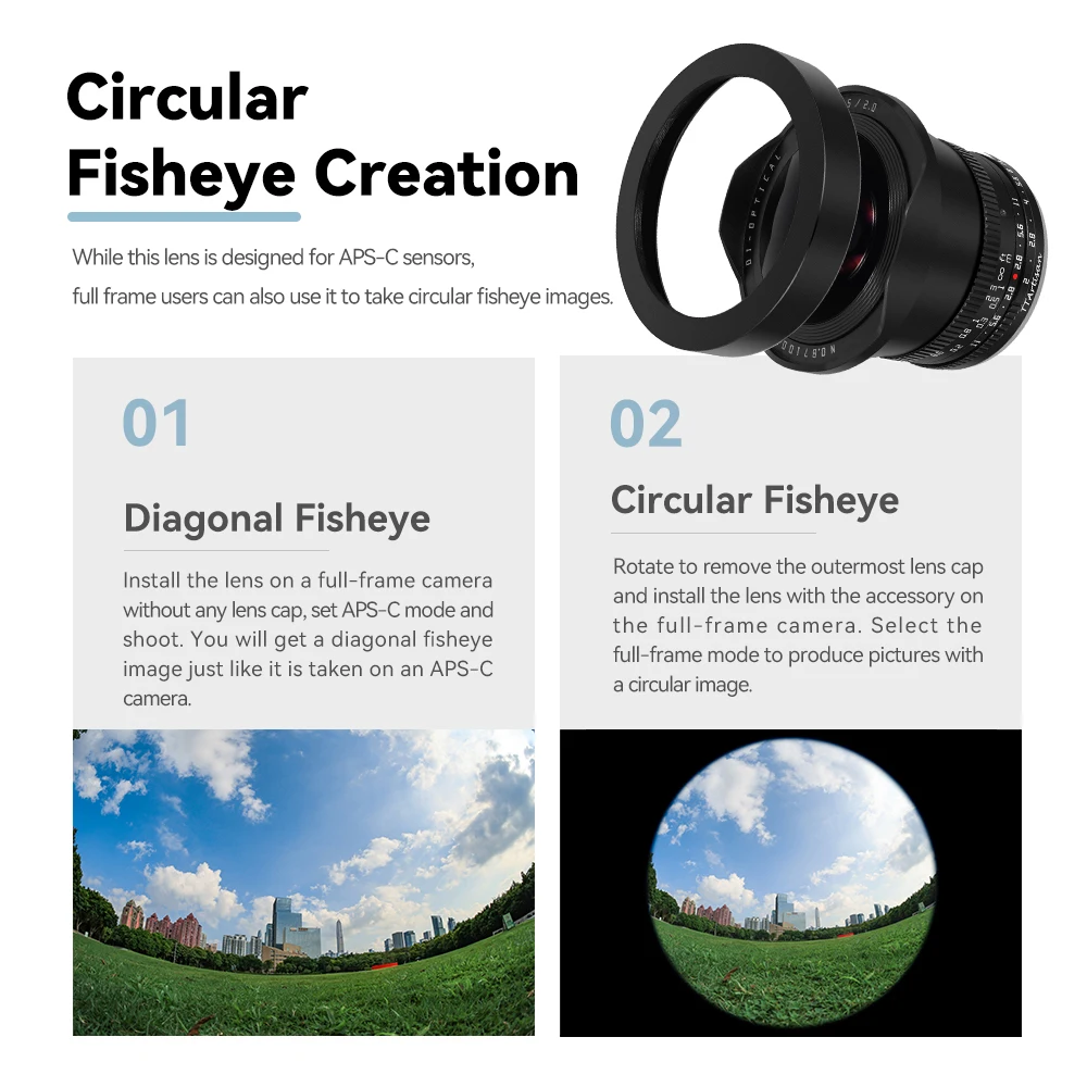 TTArtisan 7,5 mm F2 APS-C Weitwinkel-Fisheye-Objektiv für SONY E FUJI X Canon M Nikon Z Leica L Panasonic Olympus M43 Kameraobjektiv