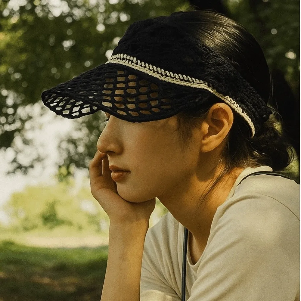 

Fashion Sunscreen Crochet Empty Top Cap Knitted Soft Hollow Out Visor Hat Sunshade Foldable Drawstring Hat Girls
