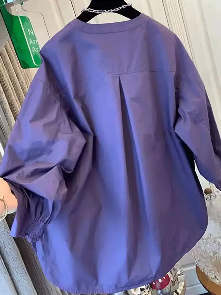 

Ele Loose Lantern Sve round Ne irt Женская мода Весна Новый Sle Винтаж Художественный Утягивающий Фиолетовый irt