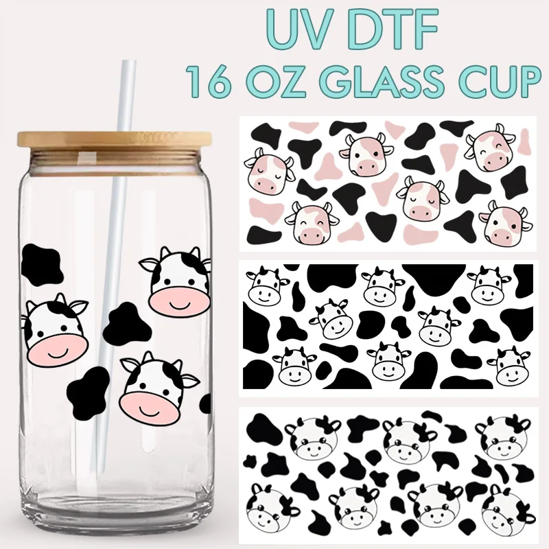 Cute Cow UV DTF Cup Wrap for 16oz Libbey Glass Can, Waterproof Transfer Sticker, Farm Animal Tumbler Decal, DIY Coffee Cup Decor