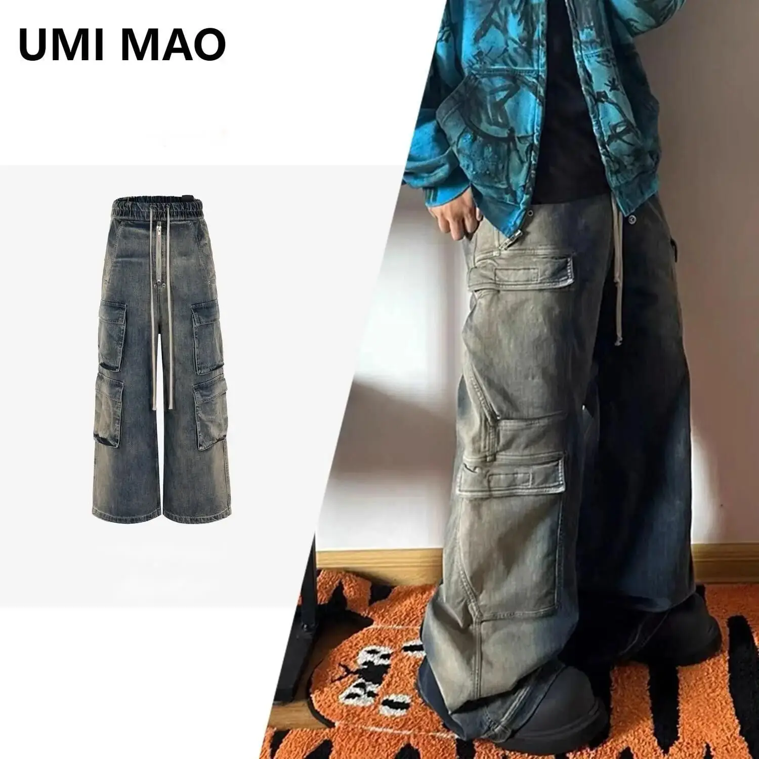 UMI MAO RO Style Men\'s Women\'s Clothing Urban Unisex Pants Washed Wide Leg Multi Pocket Gradient Jeans Fashion Mens